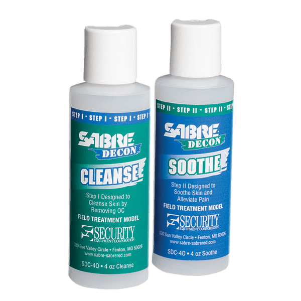 Two bottles of Sabre Decon Cleanse and Soothe on a white background