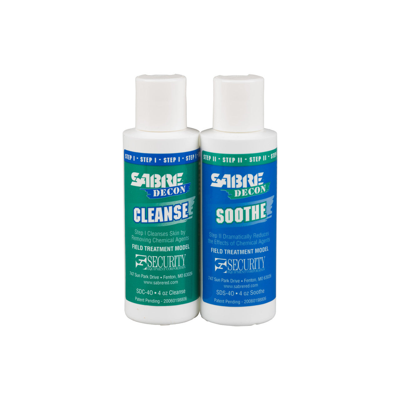 Two bottles of Sabre Decon Cleanse and Soothe on a white background