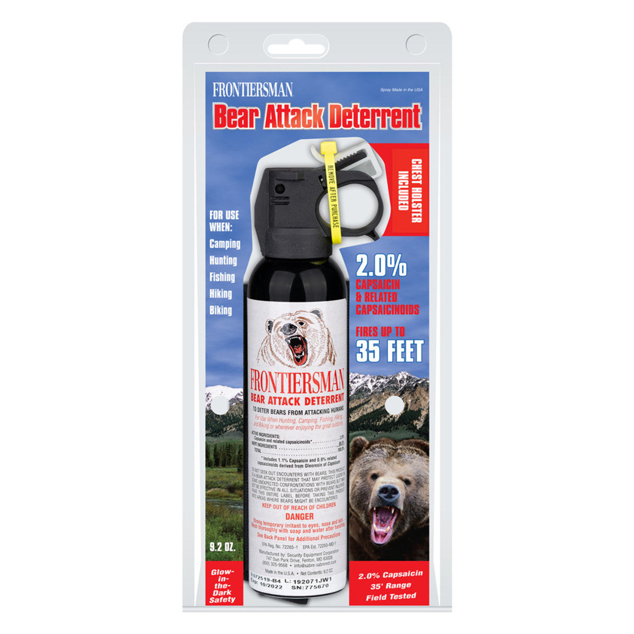 Frontiersman Bear Attack Deterrent spray packaging with bear images on a white background