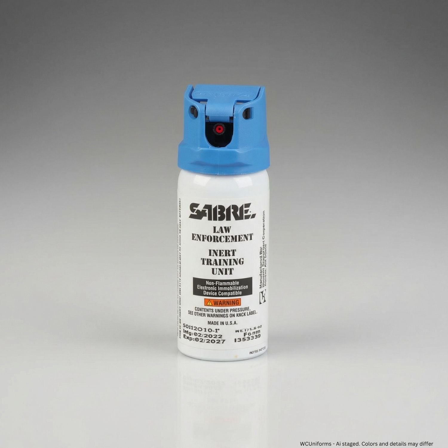 SABRE law enforcement inert training spray can on a gray background