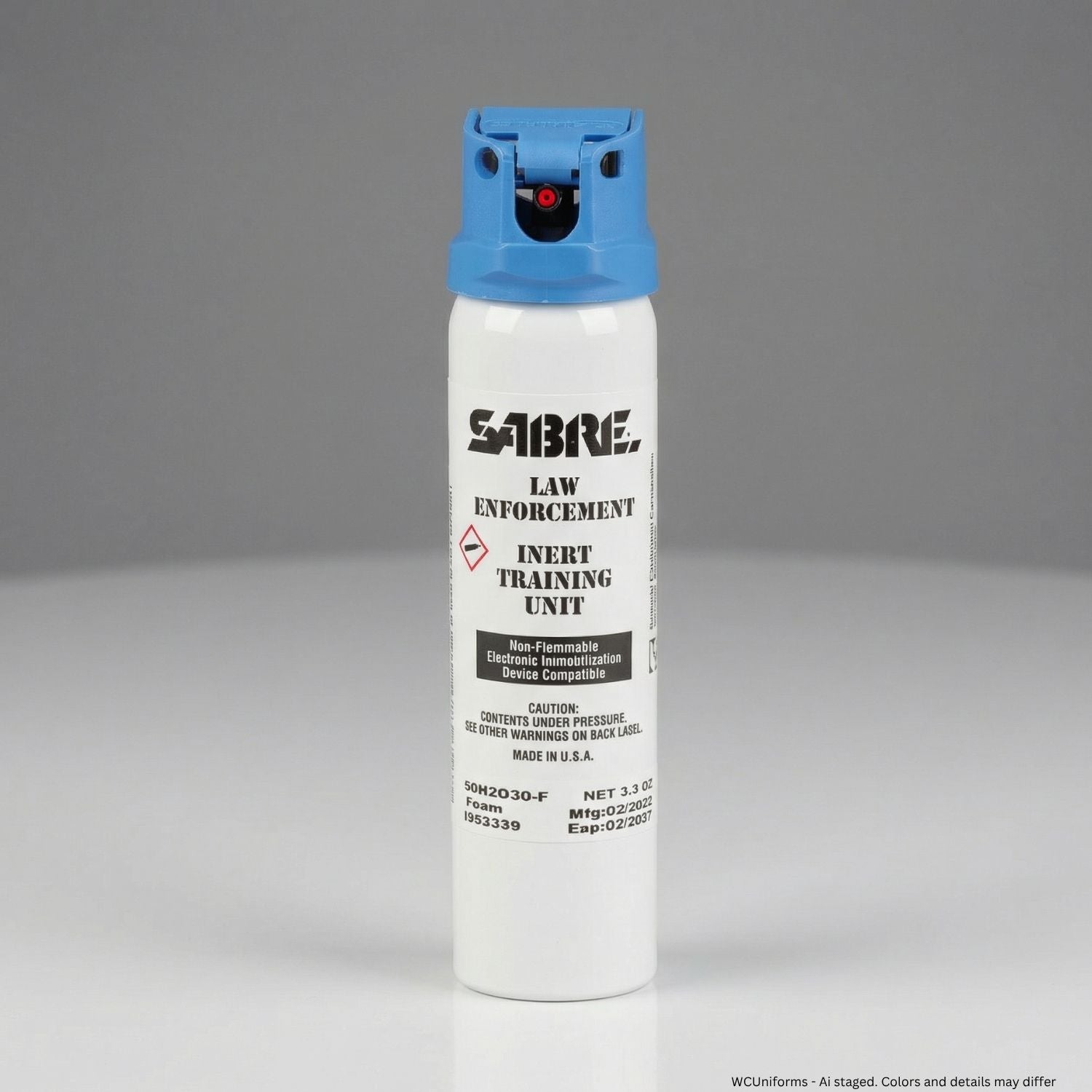 SABRE law enforcement inert training unit spray can on a gray background