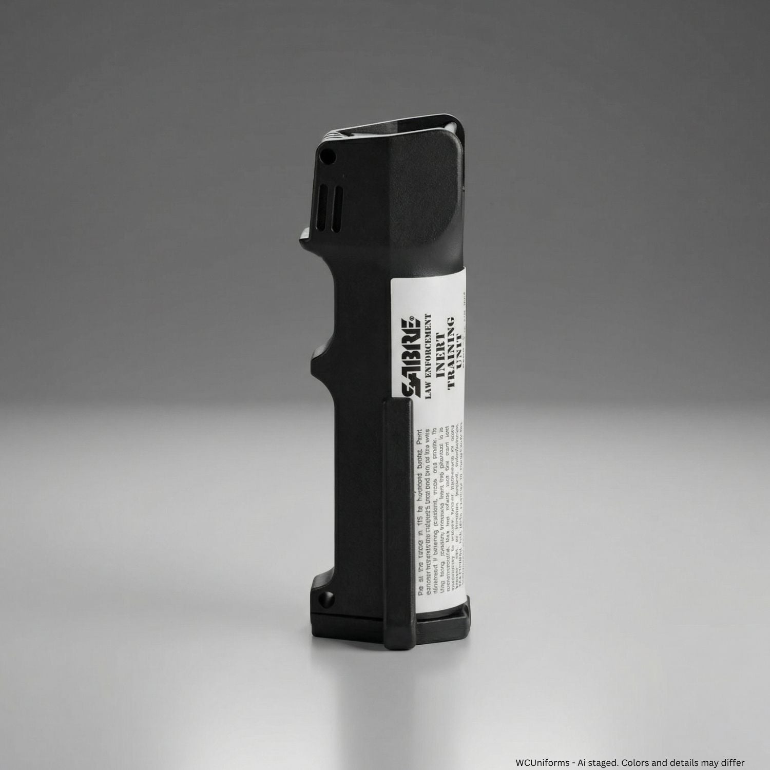 Black pepper spray canister with a label on a gray background