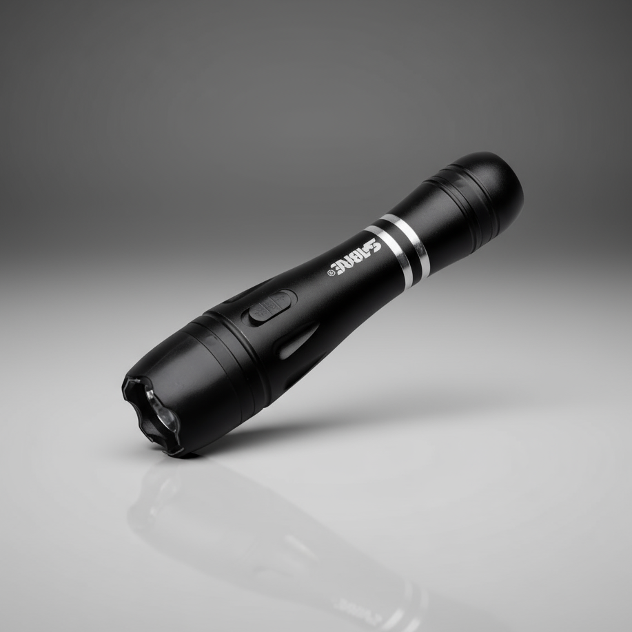 Black flashlight with a brand logo on a gray background