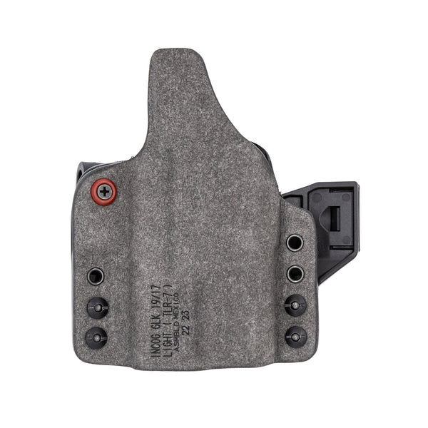 Rear view of Safariland IncogX IWB Holster for S&W M&P 2.0 with Light, shown with over-the-belt clips, suede-wrapped body, and red-dot optic compatibility