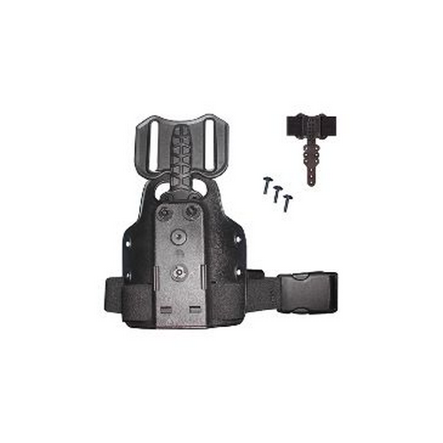 Black tactical holster with a magazine on a white background