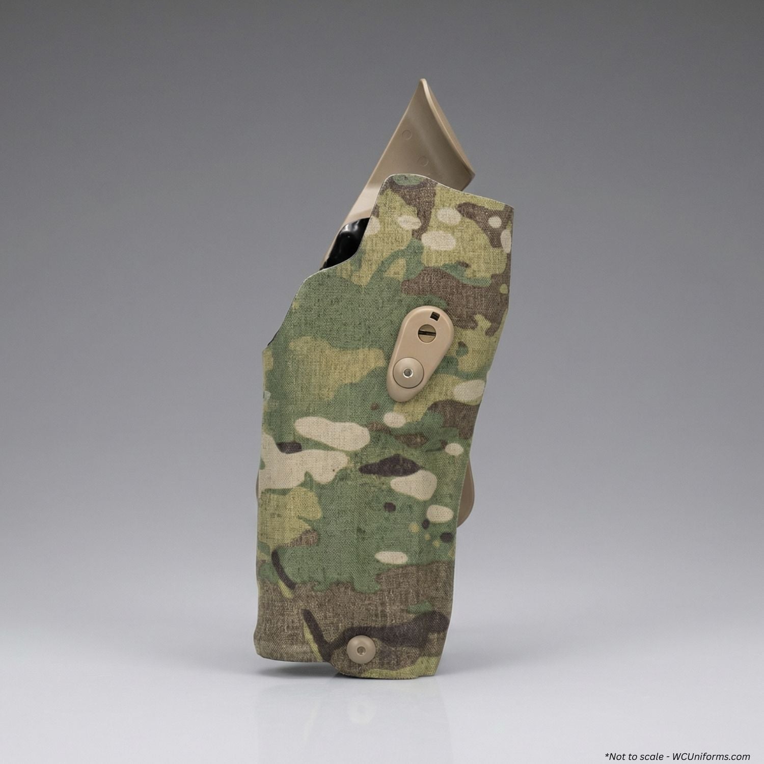 Camouflage Safariland Model 6354RDSO ALS Holster with QLS19 Fork for Sig Sauer P320 with Light on a gray background