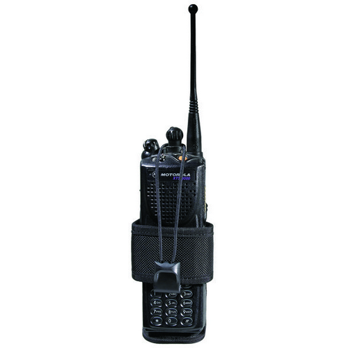 Black walkie-talkie with a holster on a white background