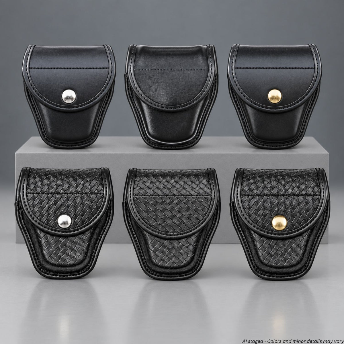 Safariland Model 7917 double handcuff cases in black smooth and basketweave finishes with silver, brass, and hidden snaps, displayed in two tiers.