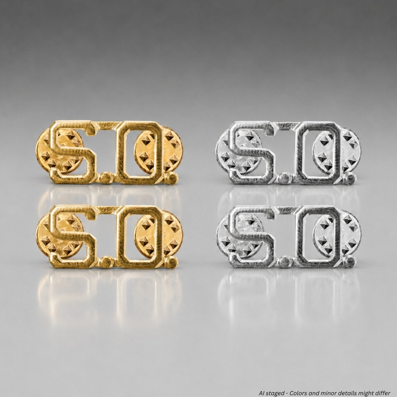 First Class S.O. Collar Pins side-by-side comparison of gold plate IN50 and silver nickel plate IN51 finish options