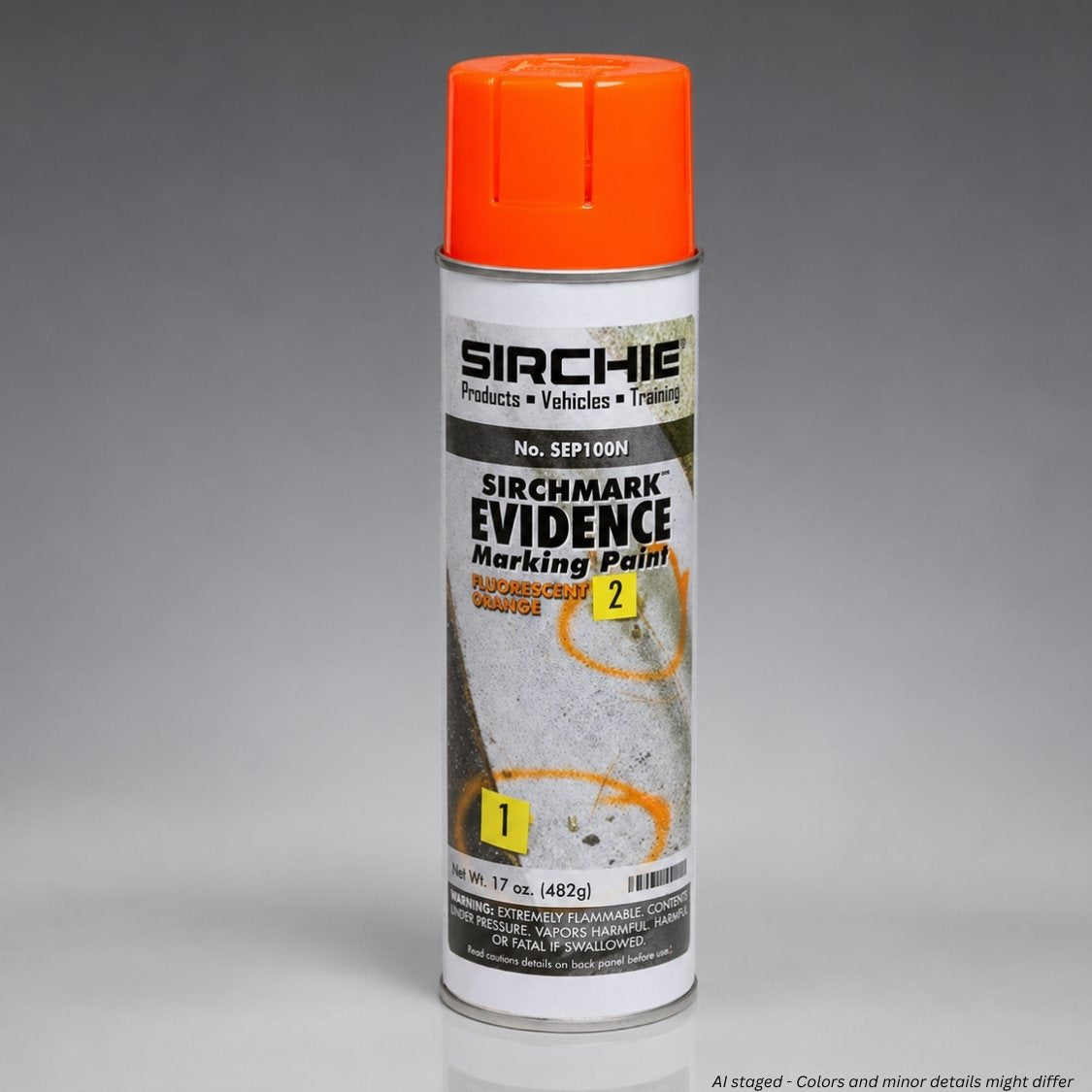 Sirchie SIRCHMARK Evidence Marking Paint SEP100N fluorescent orange 17 oz aerosol can with inverted design for crime scene and accident scene marking