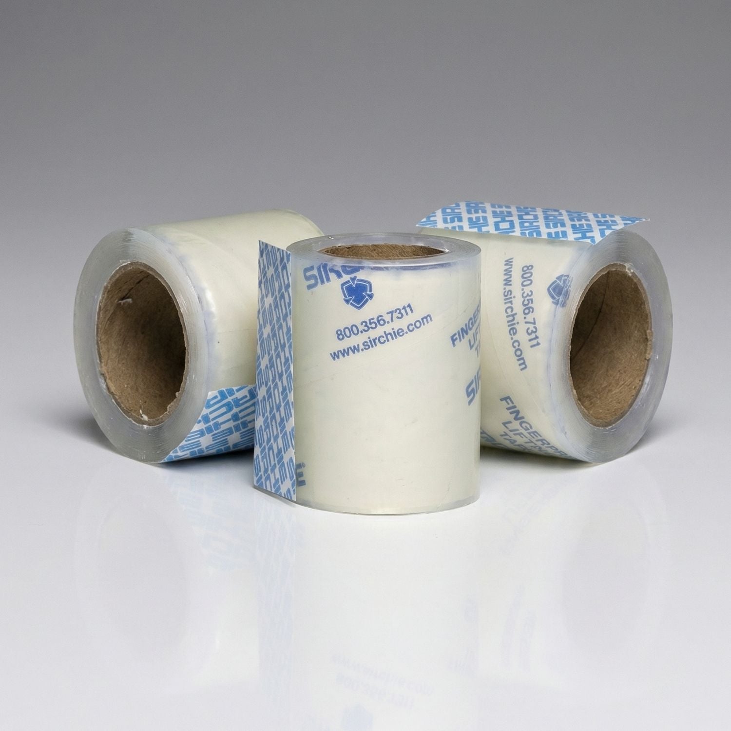 Three rolls of fingerprint tape with a visible Sirchie logo on a gray background