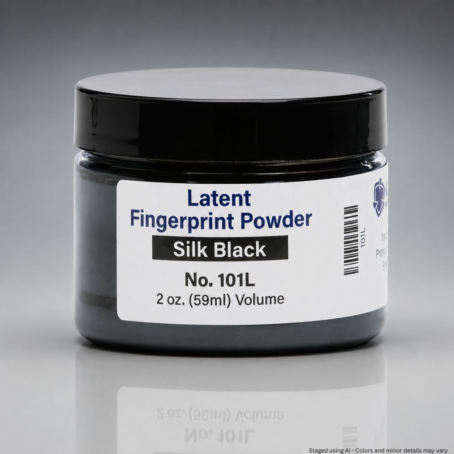 Jar of latent fingerprint powder with a label on a gray background