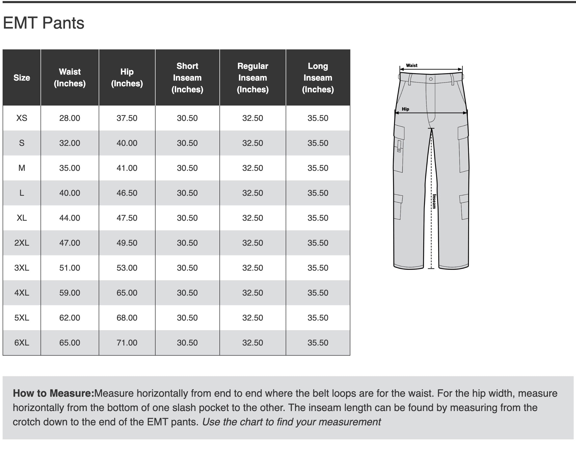 EMT Pants size chart with measurements and a gray pants image on the right.