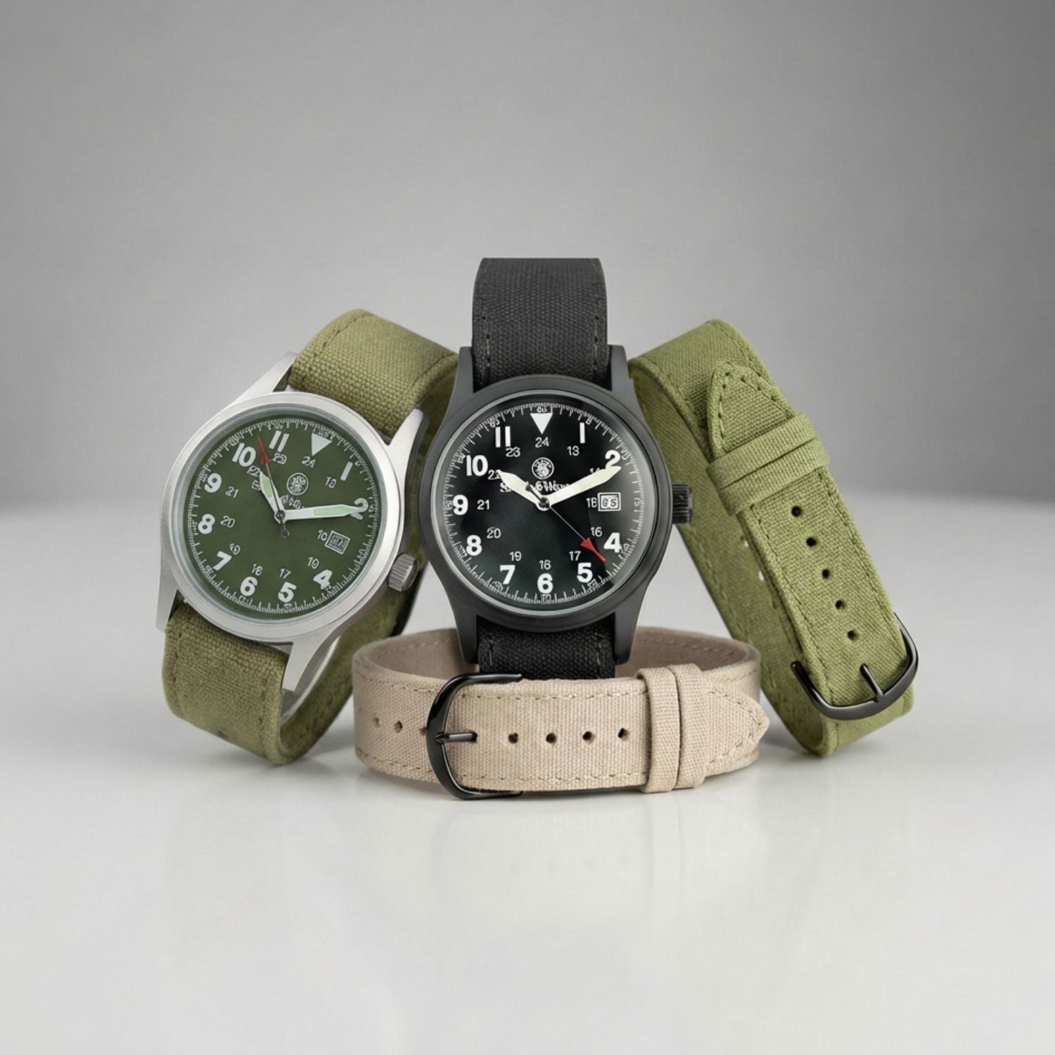 Three watches with different band colors on a gray background