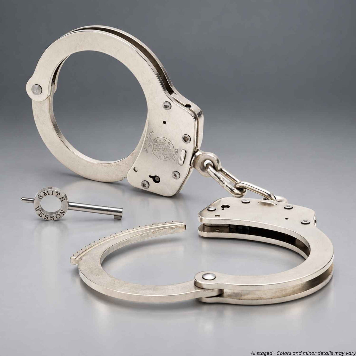 Smith & Wesson M100P 350135 nickel handcuffs with one cuff open and a standard key