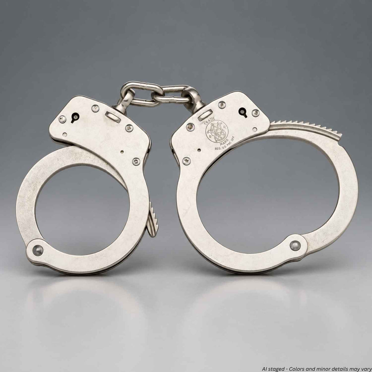 Smith & Wesson M100P 350135 nickel chain handcuffs shown closed against a gray background