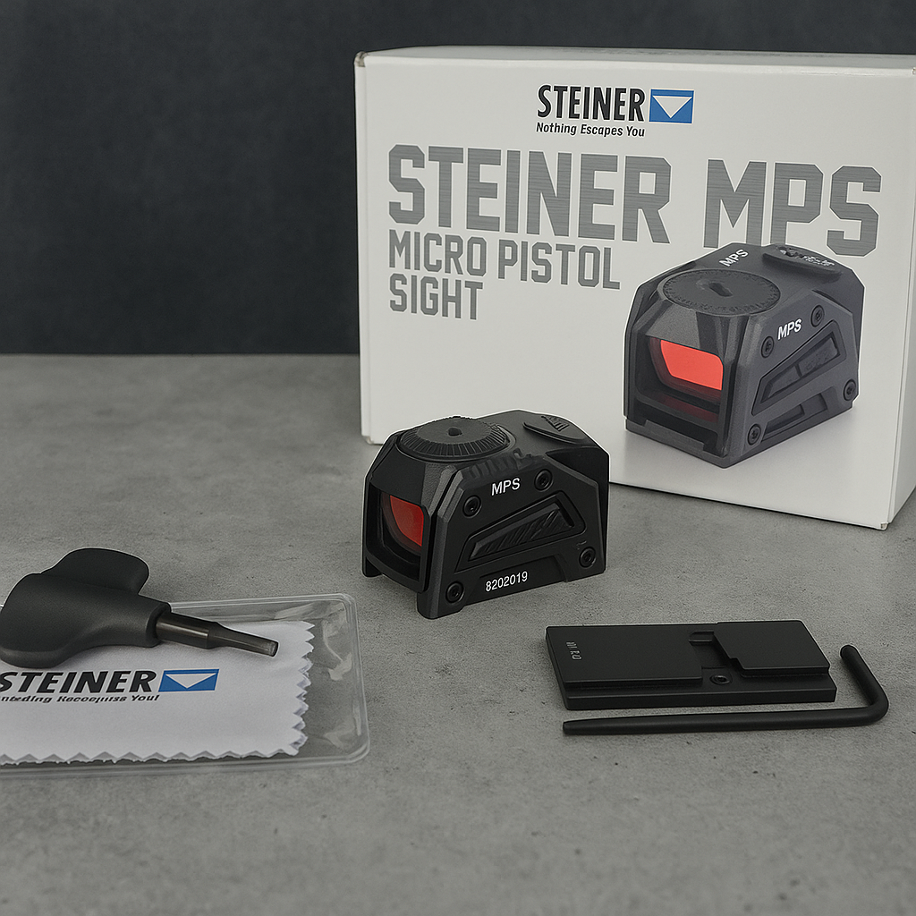 Steiner Micro Pistol Sight with accessories and packaging on a gray surface