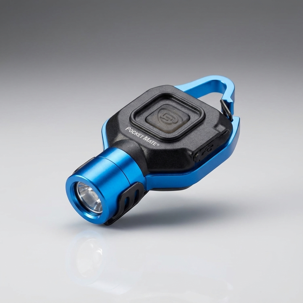 Blue and black flashlight with carabiner on a gray background