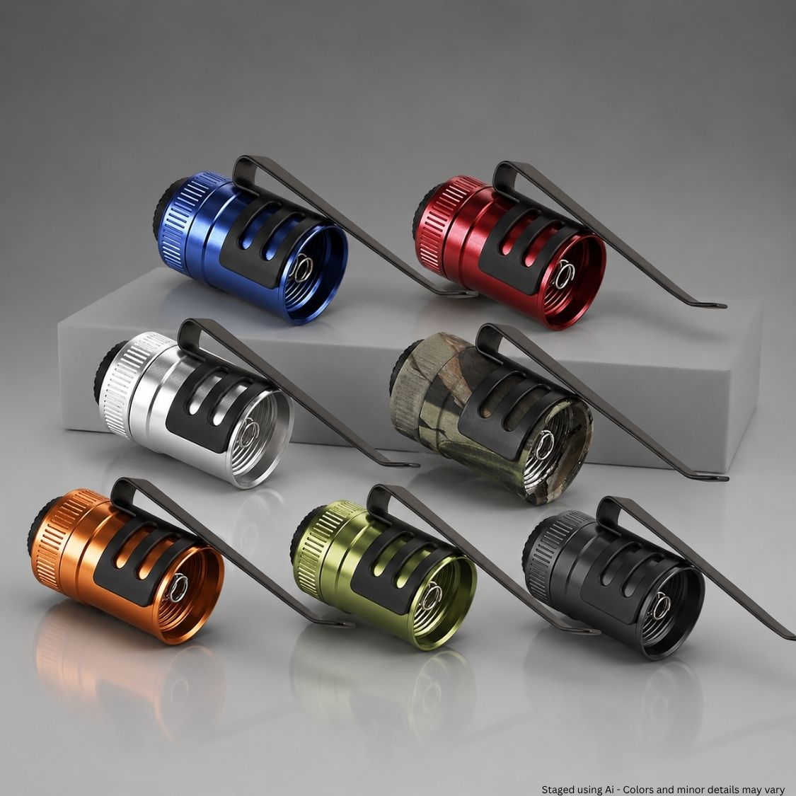 Set of metal Streamlight Replacement Tailcap Switch Assembly for Stylus Pro/MicroStream 660023 in various colors on a gray background