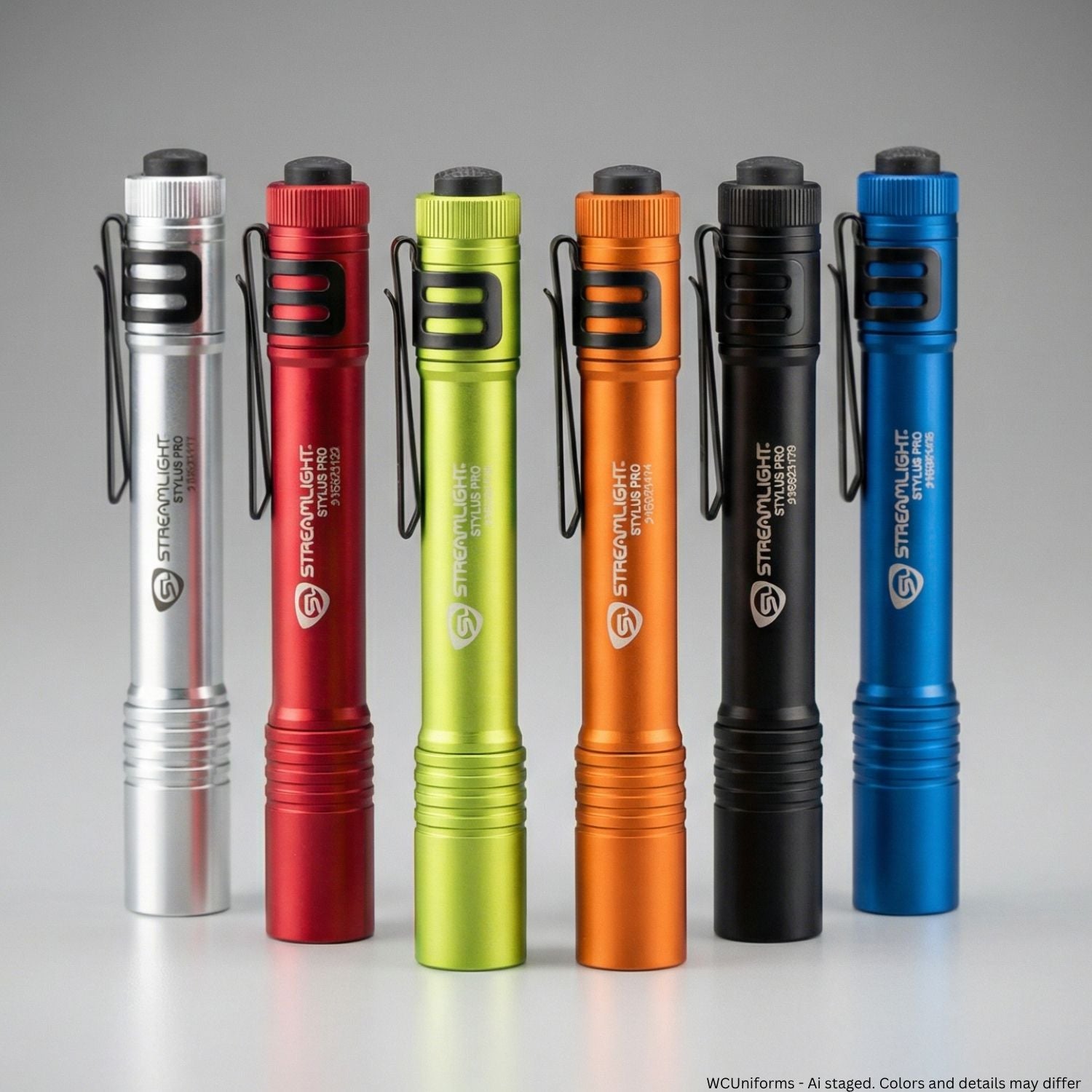 Six colorful flashlights in a row on a gray background
