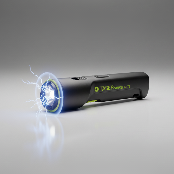 A black Taser Strikelight 2 device with electric arc on a gray background