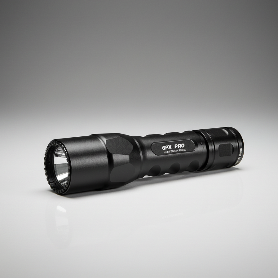 Black flashlight with '6PX PRO' branding on a gray background