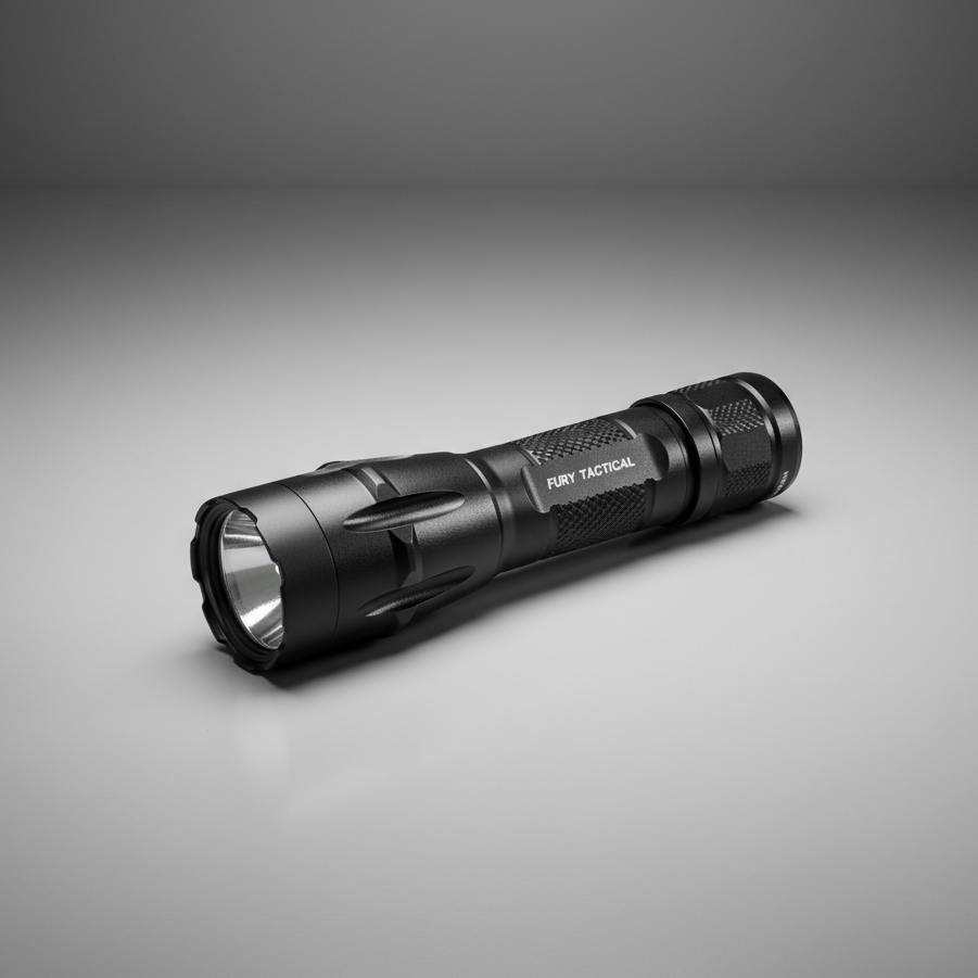 Black tactical flashlight on a gray background