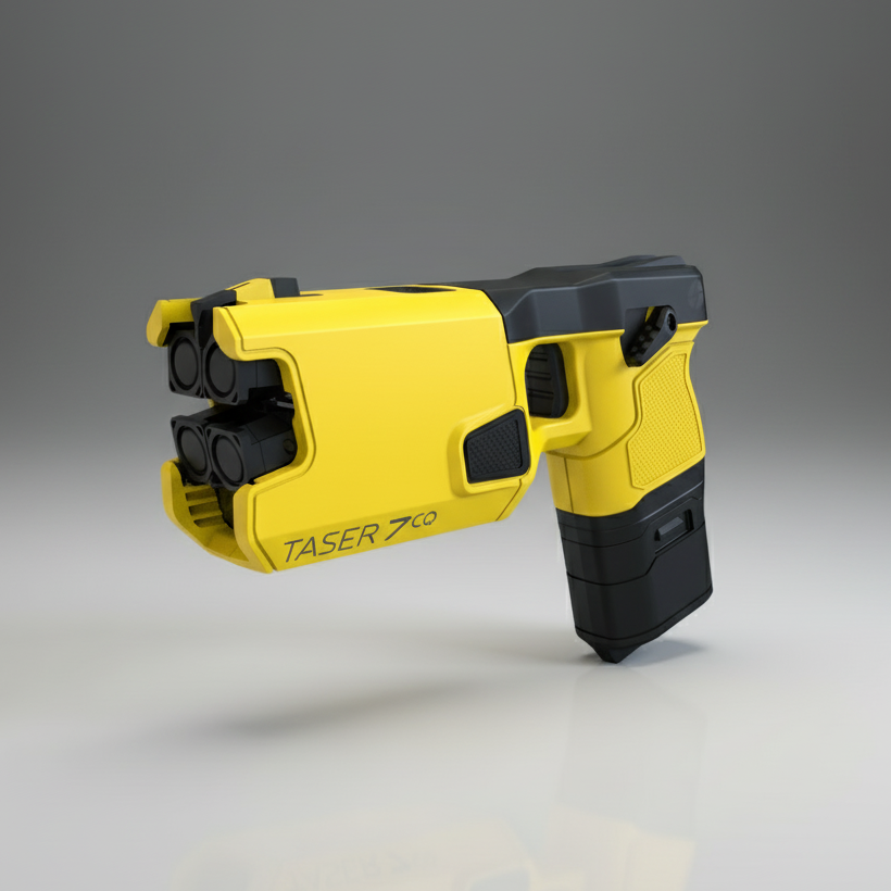 Yellow and black TASER 7 CQ Home Defense and Professional Security 20285 on a gray background