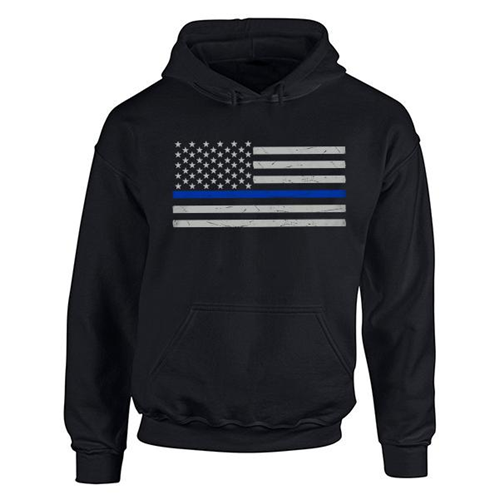 Thin Blue Line men's hoodie featuring distressed American flag design, honoring law enforcement with a blue stripe.