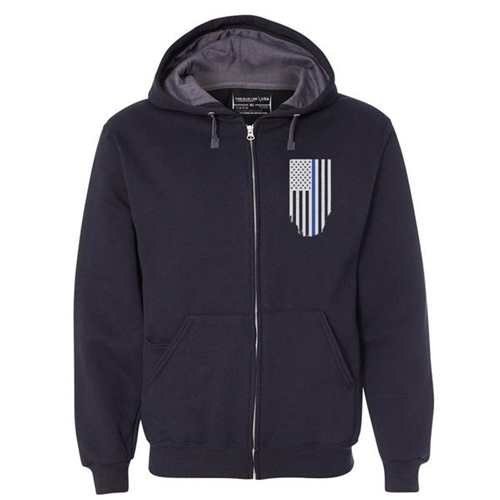 Thin Blue Line Zip Up hoodie featuring American flag design, perfect for honoring law enforcement with style.