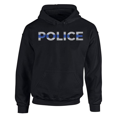 Thin Blue Line Men's Hoodie featuring "POLICE" print on a black background, perfect for supporters and law enforcement.
