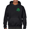 Black hoodie with a green shamrock design and blue line, perfect for St. Patrick's Day and supporting law enforcement.