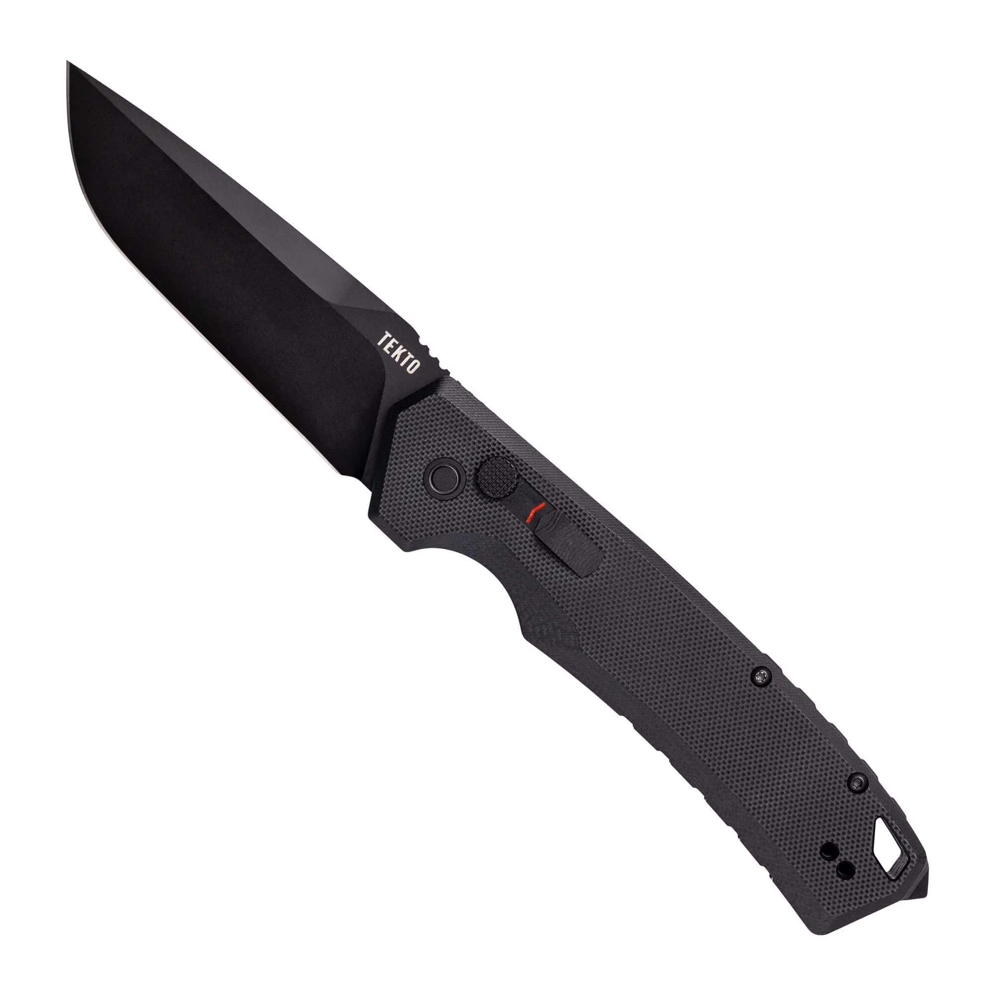 Tekto Gear A3 Delta-Black folding automatic tactical knife with ergonomic handle and black blade design.