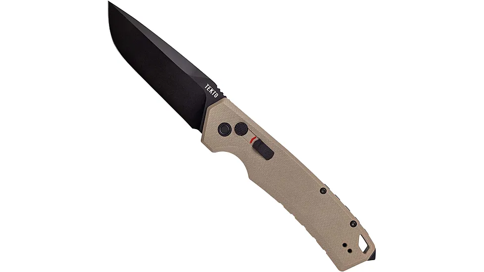 Tekto Gear A3 Delta Desert tactical knife with black blade and ergonomic tan handle, designed for swift performance in tough conditions.