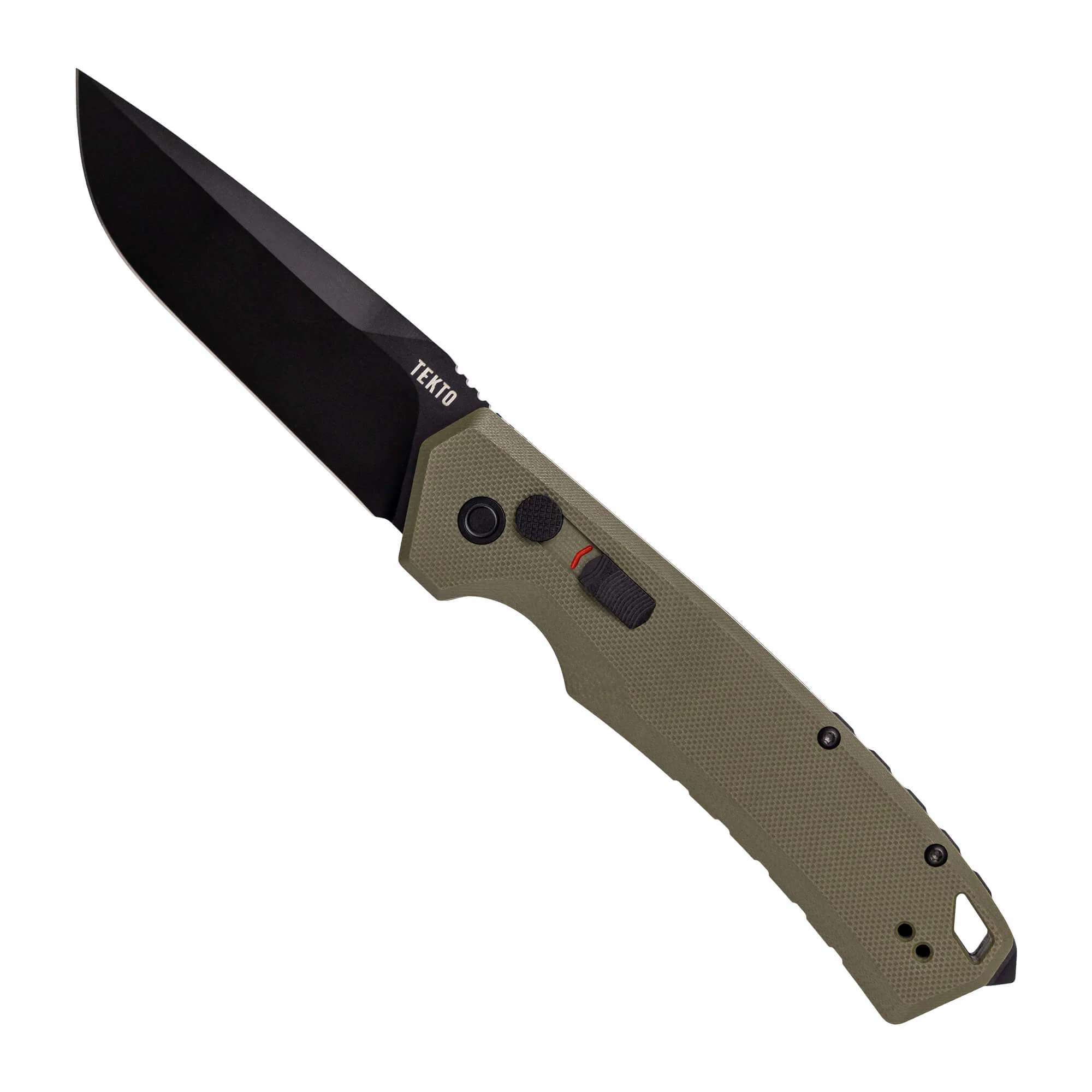 Tekto Gear A3 Delta-OD Green tactical knife with a black blade and ergonomic handle design, perfect for tough conditions.