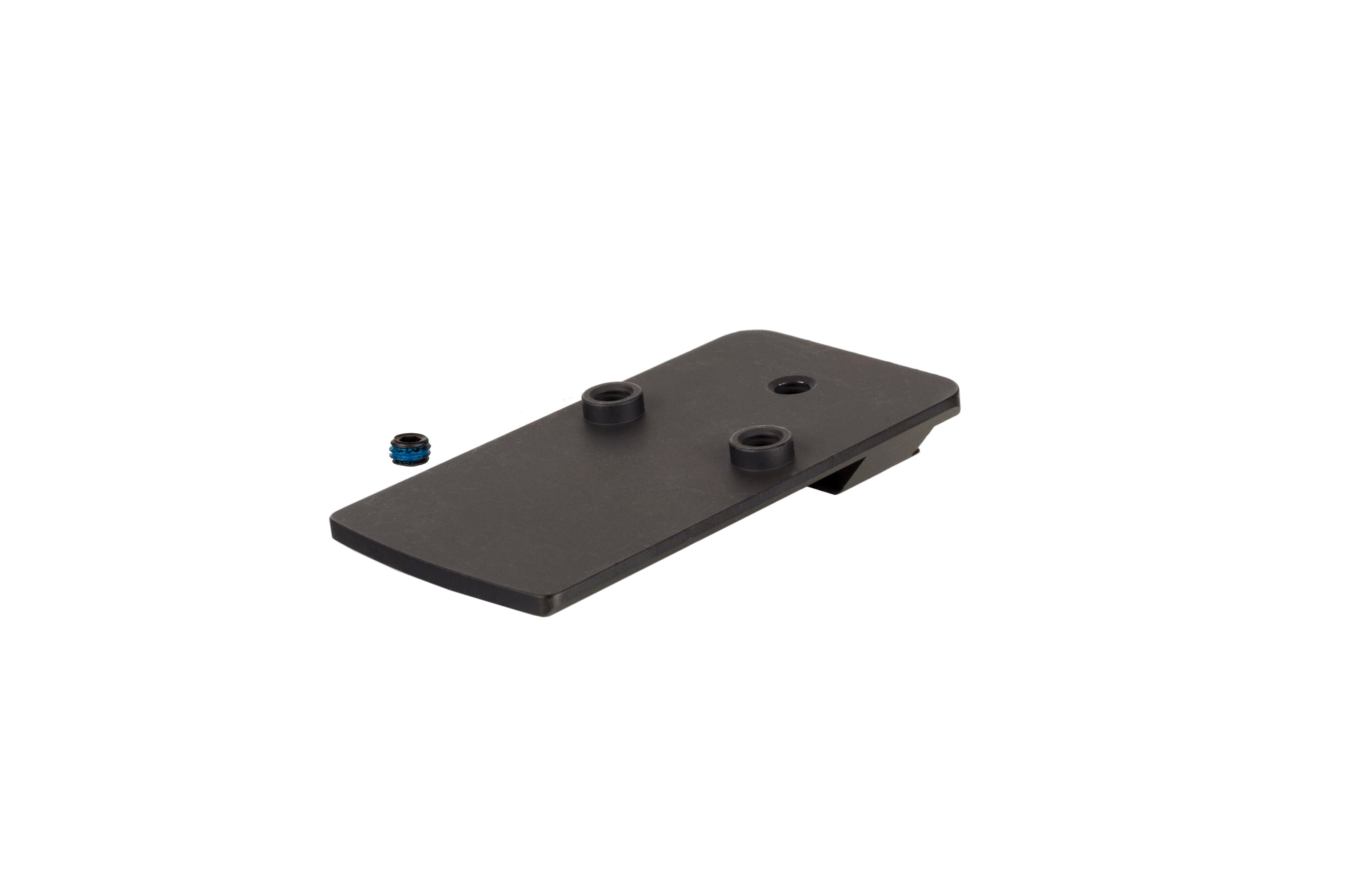 Trijicon RMRcc Pistol Dovetail Mount base with screws for mounting red dot sights, enhancing pistol accuracy and performance.