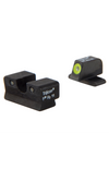 Two black firearm sight components with a green dot on a white background
