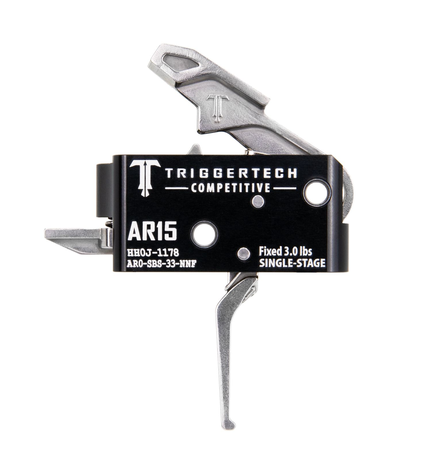 TriggerTech AR15 Single-Stage Competitive Trigger showcasing zero-creep technology and 3.0 lbs fixed pull weight.