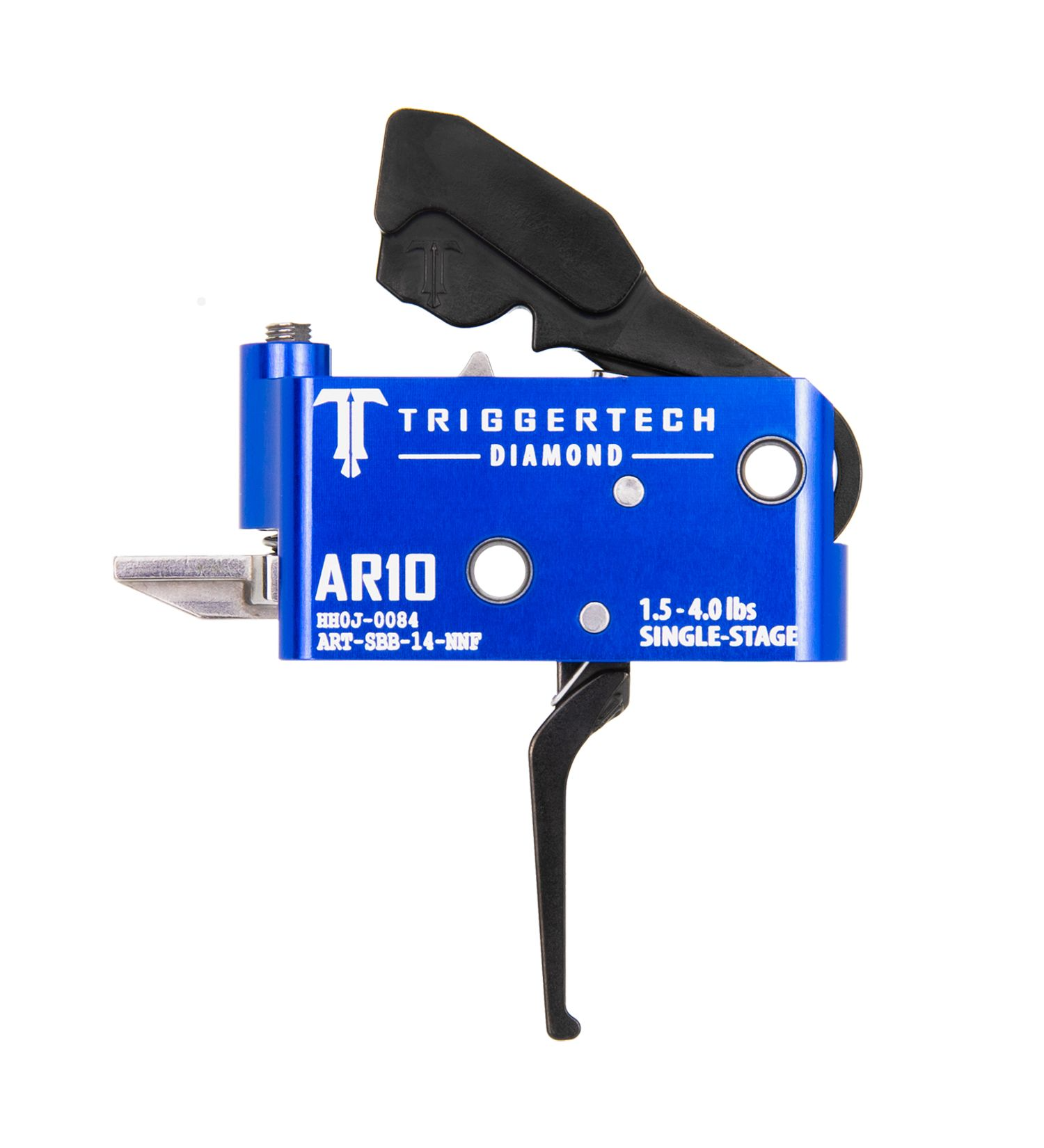 TriggerTech AR10 Single-Stage Diamond Trigger in blue, featuring adjustable pull weight and zero-creep break.