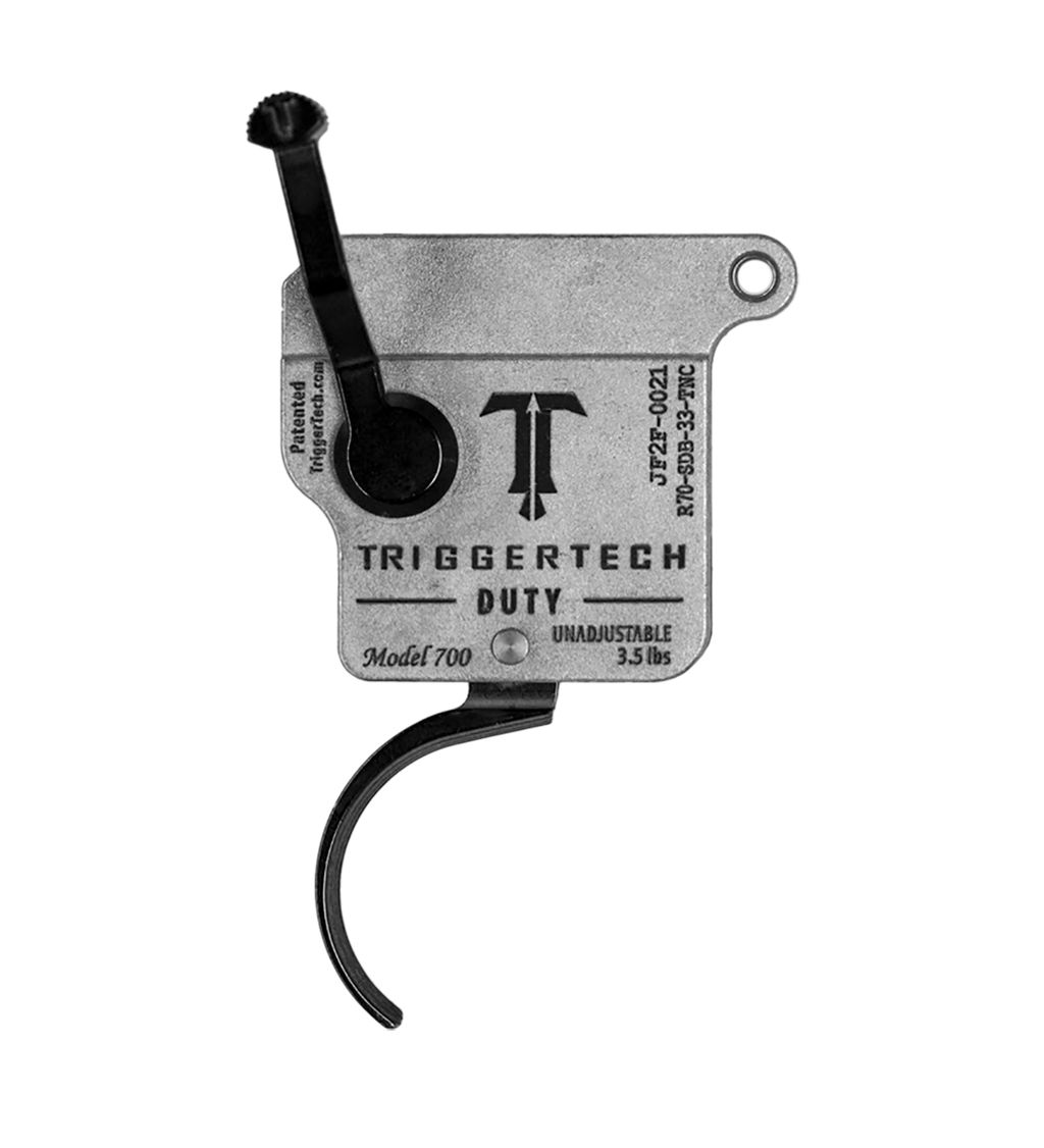 TriggerTech Rem700 Duty trigger with black curved design, featuring unadjustable stainless-steel internals.