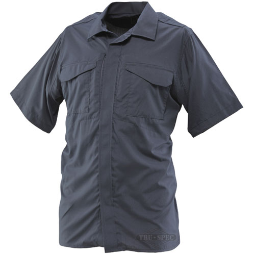 TRU-SPEC 24-7 Ultralight Short Sleeve Uniform Shirt in dark color, featuring front pockets and lightweight fabric for comfort.