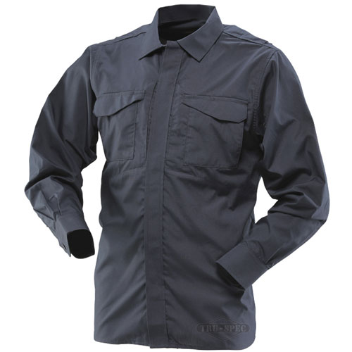 TRU-SPEC 24-7 Ultralight Long Sleeve Uniform Shirt in dark color, featuring dual chest pockets and lightweight fabric for comfort.