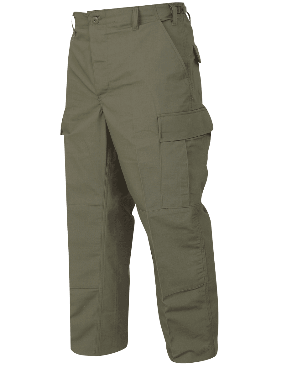TRU-SPEC BDU Pants in olive green, featuring cargo pockets and durable military design for tactical use.