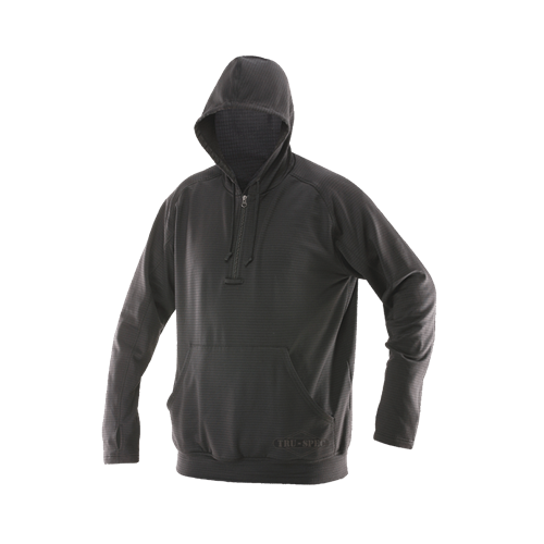 TRU-SPEC Grid Fleece Hoodie in black with a spacious hood and kangaroo pocket, perfect for cool weather comfort.