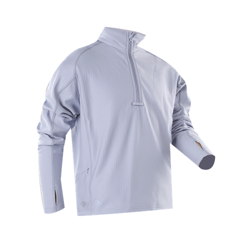 TRU-SPEC Grid Fleece Pullover in light gray with quarter-zip collar, ideal for layering in cold weather conditions.