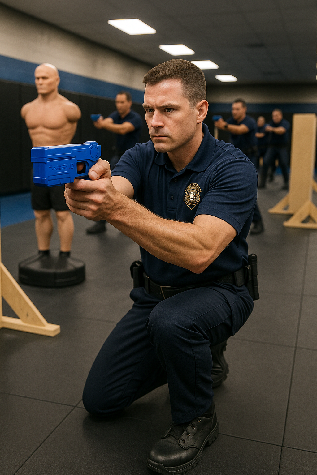 Blue Training Guns By Rings Taser 10 FST10 Police Officer Kneeling in Training Gym