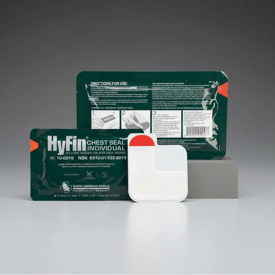HyFin chest seal packaging on a gray background