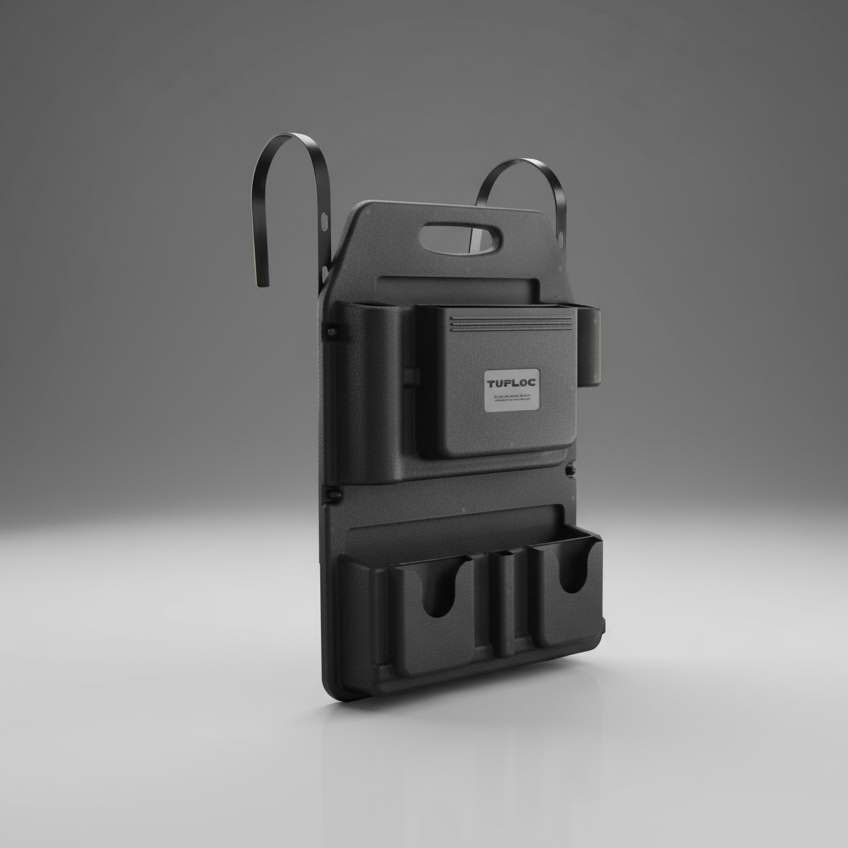 Tufloc Seat Organizer for Police Vehicles | 78-100 with hooks and compartments on a gray background