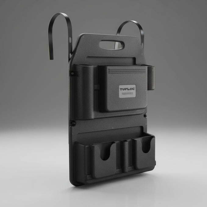 Tufloc Seat Organizer for Police Vehicles | 78-100 with hooks and compartments on a gray background