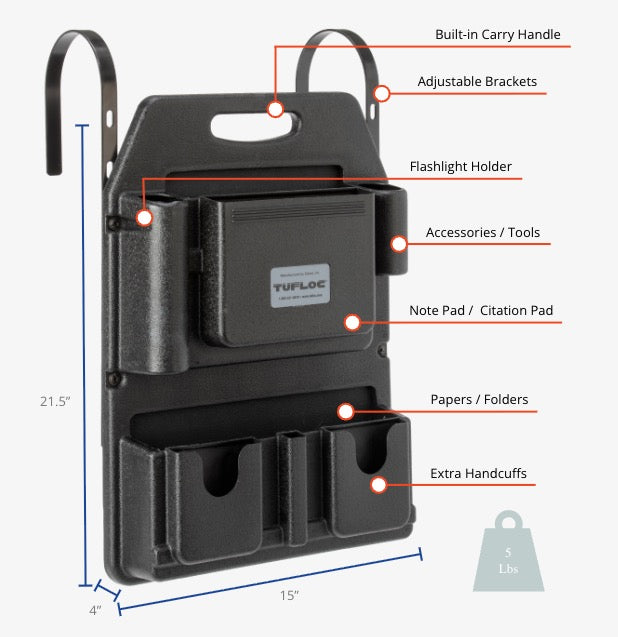 Black Tufloc seat organizer for police vehicles model 78-100 with brackets and compartments with labeled features and dimensions on a white background